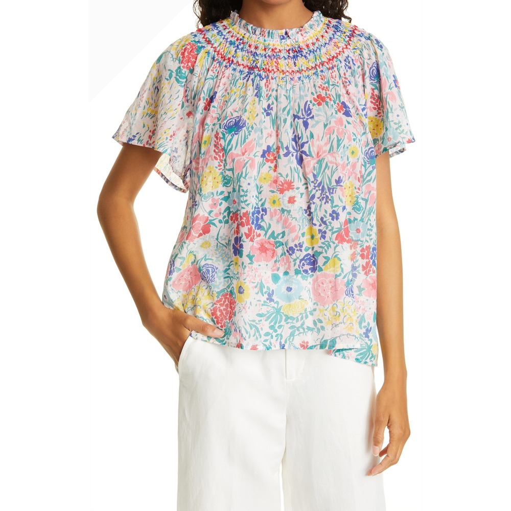 Banjanan Floral Smocked Cotton‎ Blouse Pink Blue Yellow Short Sleeve Top Size M
